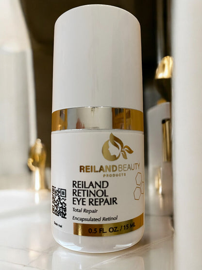 Reiland Retinol Eye Repair displayed in a sleek, modern lab setting, emphasizing its advanced skincare technology for firming, brightening, and anti-aging benefits.